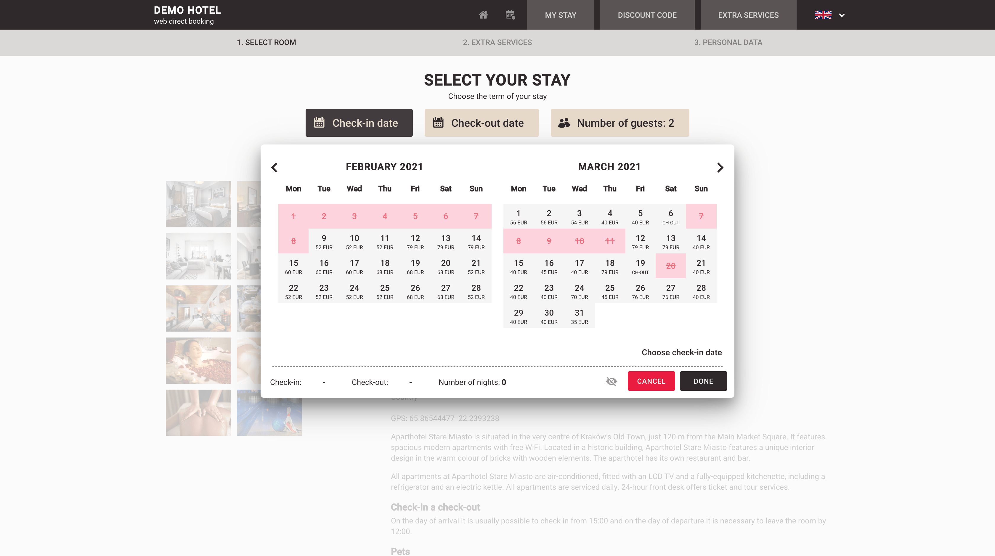 web booking dates selection 